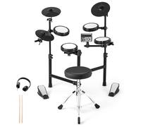 FANTASK Juego de batería electrónica, juego de batería eléctrica plegable con almohadillas de malla, 150 sonidos y 10 demos, metrónomo y USB MIDI, 2 pedales y 2 baquetas, 7 piezas de batería eléctrica