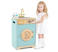 FANTASK Juego de lavandería Infantil de Madera con detergente y desinfectante de Manos, Juego de lavandería con Fregadero, cajón y Rueda giratoria, para niños a Partir de 3 años