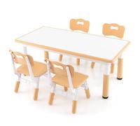 FANTASK Juego de Mesa Infantil de Madera, Altura Regulable con Tablero de Graffiti, Juego de 4 sillas, para niños y niñas a Partir de 18 Meses, Color Natural