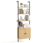 FANTASK Librería de 3 Niveles montada en la Pared, 60 x 30 x 184 cm, Escalera con Armario de ratán, estantería de Pared con Marco de Metal y estantes Ajustables para Sala de Estar, Oficina