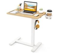 FANTASK Mesa Auxiliar con Ruedas Ocultas, Mesa de Aseo con Soporte para Vasos y Ganchos para Camas de enfermería (Natural + Blanco)