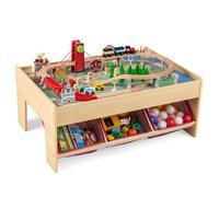 FANTASK Mesa de Actividades de Madera de 94 Piezas con 2 mesas Reversibles, 3 cajones de Tela, Juego de ferrocarril 2 en 1 para niños a Partir de 3 años