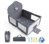 FANTASK Parque infantil plegable con bolsa de transporte (185 x 150 cm | Parque infantil XXL con canasta de baloncesto, red de fútbol, 4 asas y 50 pelotas de juego para bebés y niños pequeños