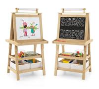 FANTASK Pizarra infantil 3 en 1 de doble cara con pizarra blanca, pizarra de tiza y papel de dibujo, caballete infantil, incluye imanes y 2 cajas de almacenamiento, 2 niveles de estantería, pizarra de