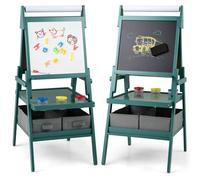 FANTASK Pizarra infantil 3 en 1 de doble cara con rollo de papel, pizarra magnética y pizarra blanca, incluye 3 vasos de pintura y 2 cajas (azul)