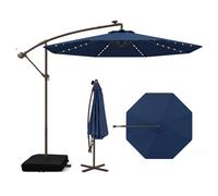 FANTASK Sombrilla de 300 cm de diámetro, con soporte y luces LED, con manivela, protección UV, para jardín, piscina, terraza (azul)