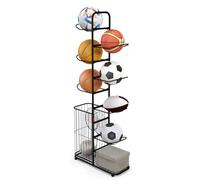 FANTASK Soporte de baloncesto de 7 niveles, soporte para pelota, organizador de equipo deportivo de metal con barras colgantes extraíbles y cesta de almacenamiento para los ojos, soporte de exhibición