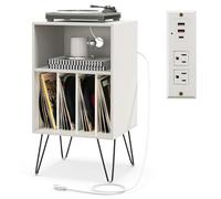 FANTASK Soporte para tocadiscos con estación de carga, soporte para discos de vinilo de 3 niveles, mesa de almacenamiento con estante y 4 separadores para salón, 48 x 40 x 88 cm