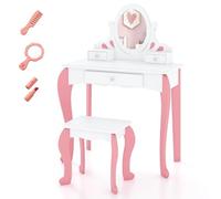 FANTASK Tocador Infantil con Espejo Giratorio de 360°, Color Blanco, con Taburete y cajones, tocador para niñas
