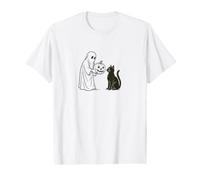 Fantasma Dando Jack-o-Lantern de Halloween a un Gato Negro Camiseta gráfica económica