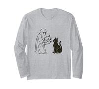 Fantasma Dando Jack-o-Lantern de Halloween a un Gato Negro Manga Larga