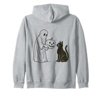 Fantasma Dando Jack-o-Lantern de Halloween a un Gato Negro Sudadera con Capucha