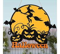 Fantasma de Halloween, celebración de Halloween, sorpresa, bruja, murciélago, calabaza, listado de madera, colgante para exteriores, decoración de vida (amarillo, 30 x 25 cm)