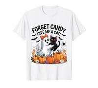 Fantasma sosteniendo Gato Negro Halloween Olvidar Caramelo Dame un Gato Camiseta gráfica económica