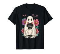 Fantasma Vintage de Halloween sosteniendo Gato Negro Groovy Floral Camiseta