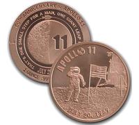 Fantástica"redonda" de cobre puro (Ø: 39mm) de una onza (28,3 gramos), conmemorativa del 50 anivesario de la misión Apolo XI (primer hombre en llegar a la luna)