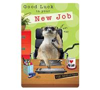 Fantástica tarjeta de felicitación colorida de Merkat en el trabajo, buena suerte en tu nuevo trabajo.