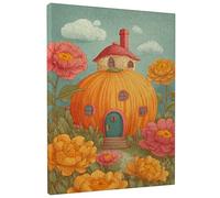 Fantástico arte de pared de cabaña de calabaza, decoración floral naranja para otoño, encantadora impresión de estilo expresionista para sala de estar, dormitorio, habitación de los niños, estética
