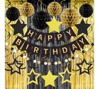 Fantástico juego de decoración de cumpleaños - pancarta de cumpleaños, cortinas de panal, bolas de abeja y accesorios de fiesta, decoración de cumpleaños negro y dorado, para niños y niñas, fácil