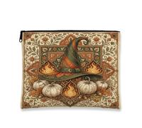 Fantástico sombrero de bruja y calabazas, diseño de otoño, bolsa de | Fondo floral de damasco, bolsa de cosméticos, detalles de llama brillante, diseño de calabazas de temporada