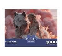 Fantasy Art Girl with Wolf 1000 Pcs Ökopapier Puzzle Giant Wolf and Girl Lebendige Bilder Kreatives Spiel Puzzles Als Geburtstagsgeschenke 38x26cm/1000pcs