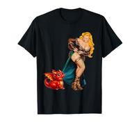 Fantasy Barbarian Pinup Woman Red Baby Dragon Tugging Skirt Camiseta