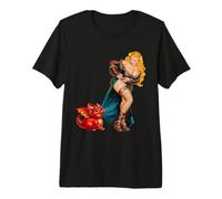 Fantasy Barbarian Pinup Woman Red Baby Dragon Tugging Skirt Camiseta Premium
