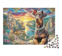 Fantasy Dog Scene Paper Doberman Pinscher in Fairytale Castle Town Jigsaw Puzzle Set Mind Stimulating Secret Santa Gift 52x38cm/1000pcs