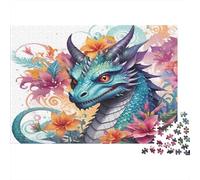 Fantasy Dragon-Colorful Floral Art Adult Puzzle for Decompression Blue Dragon with Colorful Flowers Educational Game Challenge 1000 Piece 70x50cm/1000pcs