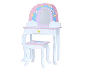 Fantasy Fields de Teamson Kids Little Dreamer Rainbow Unicorn Vanity Set Tocador con Espejo, Almacenamiento Integrado y Taburete para niños, Blanco, TD-13543F