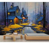 Fantasy Forest House Mural, Magical Night Scene Wall Art for Bedroom, Whimsical Landscape Wallpaper Deco 300x210cm (No es autoadhesivo)