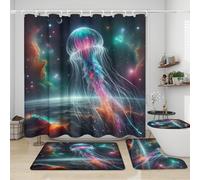 Fantasy Galaxy Animal Jellyfish 4 Piece Shower Curtain Sets,Watercolor Outer Space Planet Underwater Jellyfish Non-Slip Rugs,Toilet Lid Cover and Bath Mat,Durable and Waterproof,for Bathroom Decor