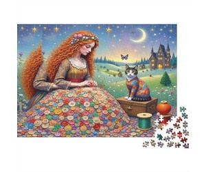 Fantasy Girl Sewing Scene Colourful Fox Girl & Cat 1000 Pcs Jigsaw for Adults & Kids Unique Challenging Fun Activity 52x38cm/1000pcs