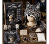 Fantasy Hood Hat DIY Crochet Kit Series,Häkelset Tierstile Ohrenmütze für Anfänger Bastelset,DIY Handmade Craft Gifts for Cosplay,Birthday,Christmas,Halloween,Wolf