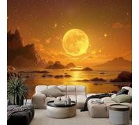 Fantasy Moon Mountains - Papel pintado fotográfico no tejido con diseño de luna y océano, decoración amarilla para habitación infantil y cocina, 250 x 175 cm (ancho x alto)