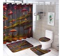 Fantasy Mushroom 4 Piece Shower Curtain Sets,Cartoon Outer Space Fairy Tale Plants Glowing Mushrooms Non-Slip Rugs,Toilet Lid Cover and Bath Mat,Durable and Waterproof,for Bathroom Decor Set