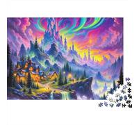 Fantasy Night Scene 1000 Piezas Rompecabezas para Adultos Pueblo de Castillo Fantasía Iluminado por Aurora Premium Grueso Resistente Vibrante Desafiante Alivio de Estrés 70x50cm/1000pcs