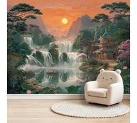 Fantasy Oriental Papel pintado fotográfico para dormitorio, fondo de cama y pasillo, efecto 3D, decoración de pared para amantes de la estética, cascadas, pájaros, cascadas
