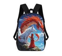 Fantasy Scene Girl, Wolf, And Dragon Mochila Escolar, Bolso De Negocios, Bolso Para Portátil Resistente Para Niñas Y Adolescentes 17inch