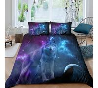 Fantasy Space Wolf Art Funda de Edredón Microfibra Juego de 3 Piezas Impresión 3D Cierre de Fantasía Space Wolf Arte Funda Edredon Funda de Almohada a Juego Lavables for jóvenes King（220x240cm）