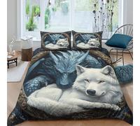 Fantasy Wolf Art Funda de Edredón Microfibra 3 Piezas Impresión 3D Cierre de Cremallera Oculta fantasía Wolf Arte Funda Edredon Fundas de Almohada Lavables Suave for jóvenes Super King（260x220cm）