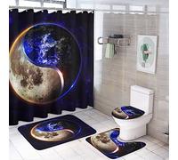 Fantasy Yin Yang Galaxy 4 Piece Shower Curtain Sets,Universe Outer Space Yin Yang Earth Moon Design Non-Slip Rugs,Toilet Lid Cover and Bath Mat,Durable and Waterproof,for Bathroom Decor Set