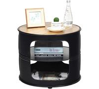 FANTSK Mesa de Centro Industrial Resistente hasta 50 kg, Mesa Auxiliar Redonda de Madera y Metal con Mesa de sofá de 3 Niveles para Comer, Color Negro + Natural