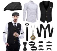 Fantspati 1920s Gatsby Accesorios Hombre, Disfraz Años 20s de Gatsby, Carnaval de la Mafia para Hombre, Kit de Disfraz de Gánster Retro con Camisa, Chaleco, Sombrero L