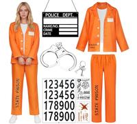 Fantspati Disfraz de Prisionera Mujer Hombre, Disfraz Preso Naranja, Disfraz Prisionero Adulto con Esposas, Disfraces Carcelero Mujer, Traje de Preso Carnaval Halloween, Traje Carcel Fiesta Cosplay