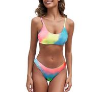 Fanuerg - Conjunto de bikini acanalado para mujer, con cuello redondo, traje de baño texturizado de dos piezas, Teñido tie dye arco iris, S