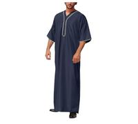 Faonkeew Caftán Hombre Algodón Lino Verano Cool Jilbab con Cuello en V Abaya Musulmán Árabe Islámico Ropa Regalos Ramadán Burka Disfraz Islámico Royalty Dubai Robe, azul marino, 4XL