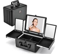 Faquenc Estuche de maquillaje de viaje con espejo LED, estuche de tren de maquillaje con espejo iluminado, bolsa organizadora de maquillaje portátil con separadores ajustables, bandejas plegables para