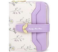 Farcauo Bonita cartera de flores moradas para mujer, monedero pequeño kawaii con ventana de identificación, diseño compacto, ligero y elegante, cartera para dinero en efectivo para mujer