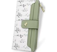 Farcauo Cartera delgada para mujer con RFID linda y delgada verde para mujer, cartera con flores kawaii para mujer, tarjetero